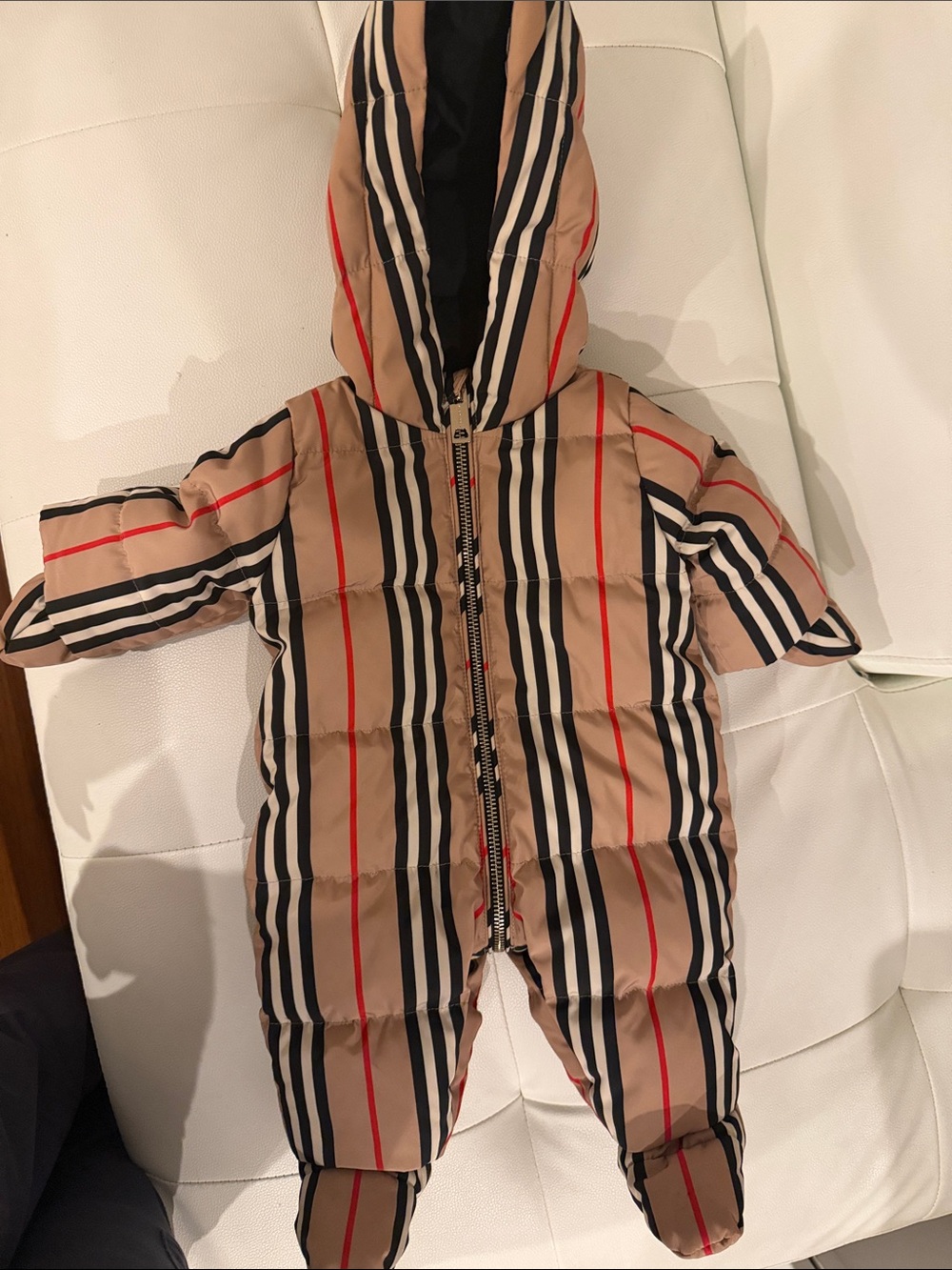 Burberry Beige Plaid Hooded Baby One-Piece Footie